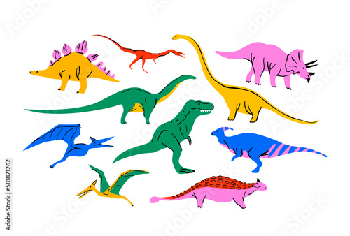 Big set of colorful dinosaur doodle illustration on isolated background. Trendy 90s style dinosaurs collection for educational concept or children design. Includes T-rex, triceratops, pterodactyl.  © Dedraw Studio