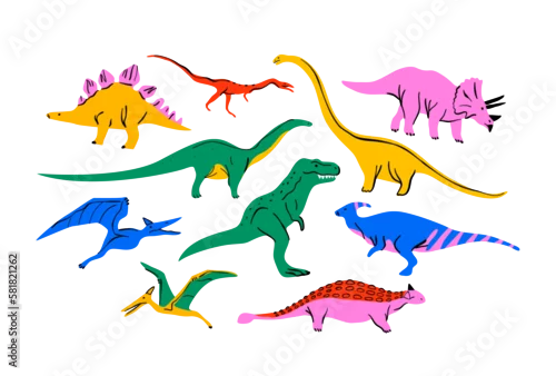 Fototapeta samoprzylepna Big set of colorful dinosaur doodle illustration on isolated background. Trendy 90s style dinosaurs collection for educational concept or children design. Includes T-rex, triceratops, pterodactyl.	