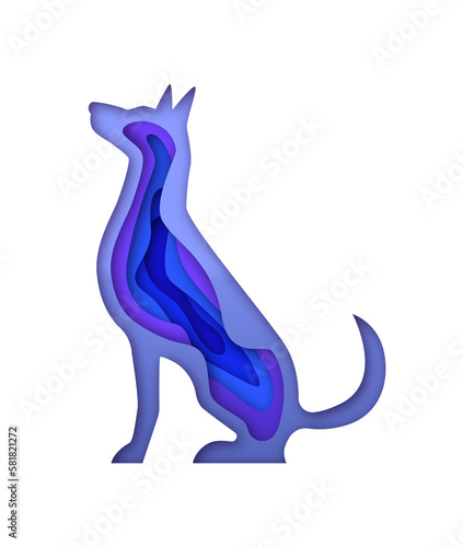 Papercut dog animal shape in realistic 3d paper craft art style. Doggy pet concept, medical vet care design on isolated background. photo