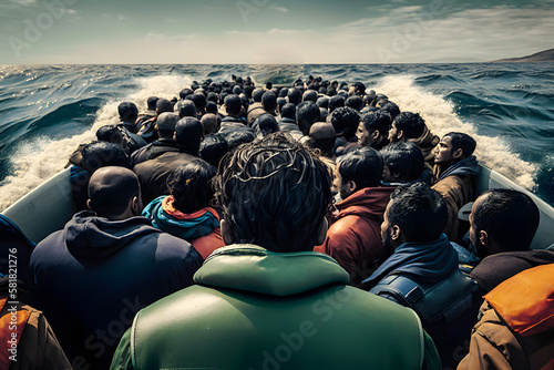 Crowd of people of illegal migrants crosses the state border across the sea in a crowded boat, a dangerous journey to another country. Generative AI photo