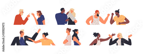 Diverse set of angry people having an argument or heated discussion concept. Modern flat cartoon characters bundle on isolated background. Men and women in confrontation, fighting or in disagreement.