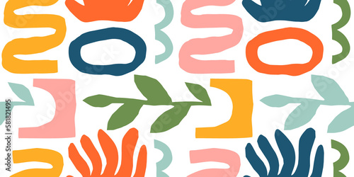 Abstract matisse inspired seamless pattern with colorful freehand doodles. Organic flat cartoon background, simple random cutout shapes in bright childish colors.