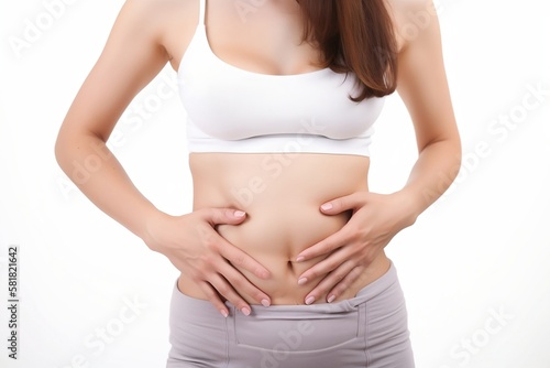 Woman on White Background with Hands on Belly, illustrating Stomach Pain