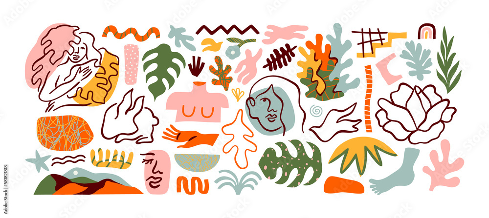 Set of trendy doodle and abstract nature icons on isolated white background. Big summer collection, unusual organic shapes in freehand art style. Includes people, floral art and texture bundle. Set of trendy doodle and abstract nature icons on isolated white background. Big summer collection, unusual organic shapes in freehand art style. Includes people, floral art and texture bundle.