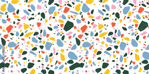 Terrazzo flooring seamless pattern with colorful marble rocks. Classic interior material background of mosaic stone. Trendy fashion print wallpaper for textile project or web backdrop.	