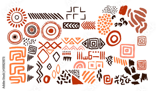 Abstract african art shapes collection, tribal doodle decoration set. Authentic ethnic shapes, animal print texture and traditional hand drawn boho symbols.