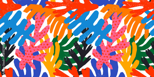 Fototapeta Naklejka Na Ścianę i Meble -  Abstract leaf cutout shapes seamless pattern. Trendy colorful freehand leaves background design. Plant decoration wallpaper, nature collage art print texture.	