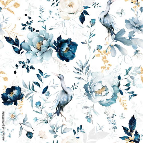 watercolor seamless pattern, blue design with peonies, birds, roses, gold botanical, floral pattern with transparent background