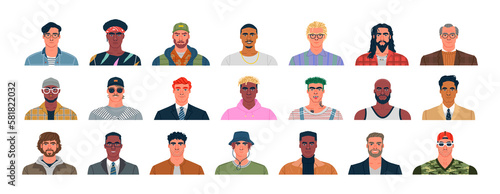 Diverse set of young man portrait illustration on isolated background. Trendy men collection, big bundle of different funny boy character cartoons in modern fashion. 