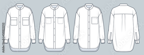 Set of Band Collar Shirts technical fashion Illustration. Button-up Shirt fashion flat technical drawing template  cuffed long sleeves  front and back view  white  women  men  unisex CAD mock-up set.