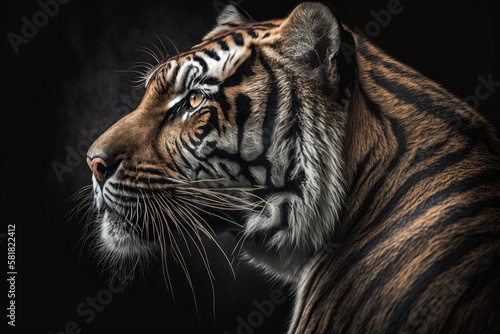 Panthera tigris tigris, a Bengal tiger, is depicted in profile against a dark gray background. Generative AI © AkuAku