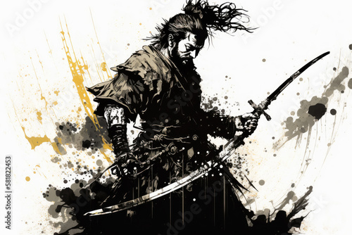 Sumi-e samurai wielding a sword, Generative AI 