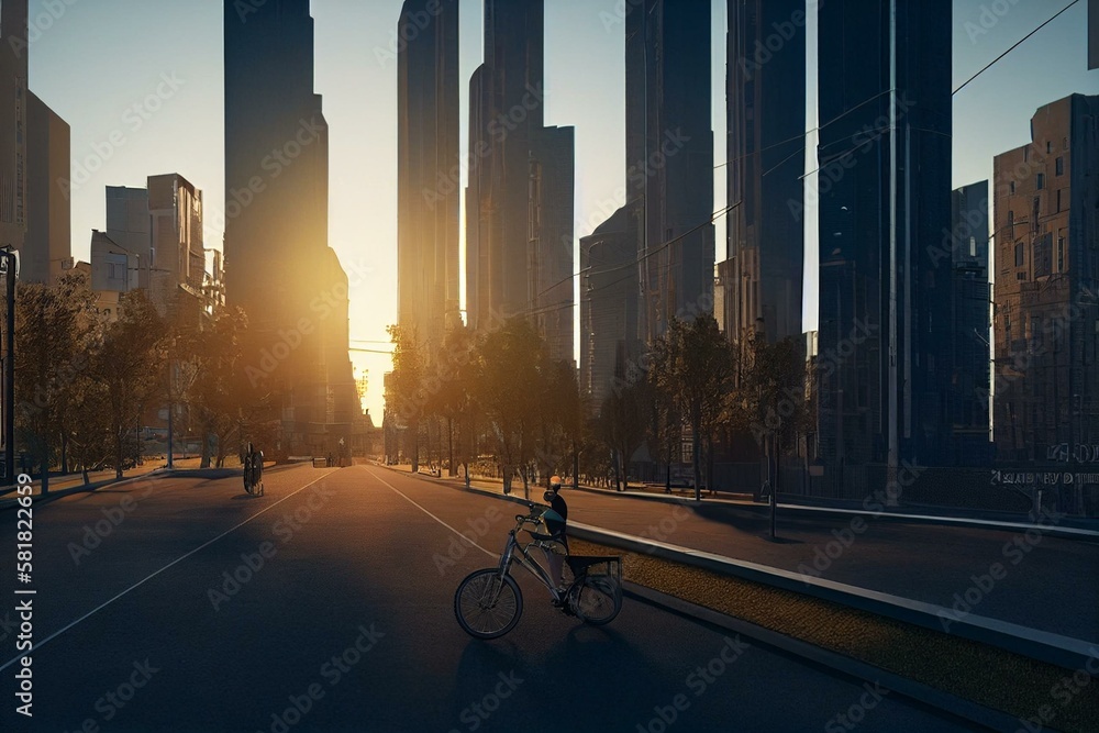 a bike parked on the side of a street next to tall buildings in a city ...