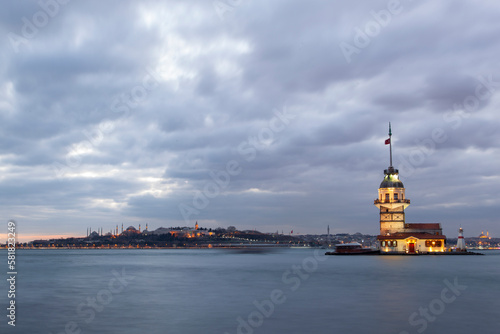 Sunset Colors in the Maidens Tower Drone Photo, Uskudar Istanbul , Turkiye 