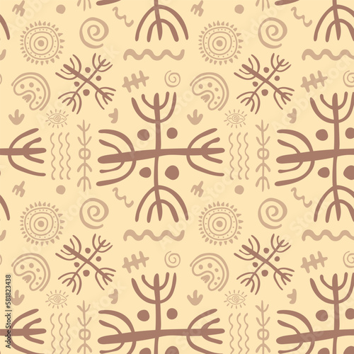 Seamless pattern drawings of ancient tribe. Primitive ethnic ornament, petroglyph. Ancient patterns. Stone age. Prehistoric art of cavemen. For print, textiles, fabrics. Vector illustration