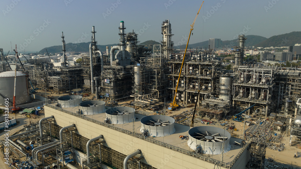 Mega project area, industrail plant construction large crude oil refinery, aerial view,