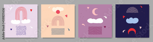 Vector illustration. Trendy boho rainbows. Contemporary modern background set in pastel color. Doodle art elements for web banner, website template, blog post. Landscape sky concept. Vintage style