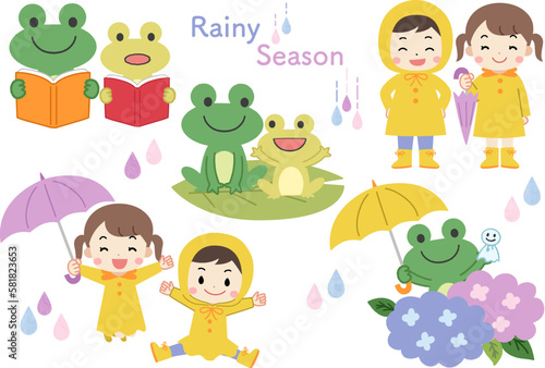 梅雨・紫陽花　レインコートを着た子供とカエルのイラスト素材セット