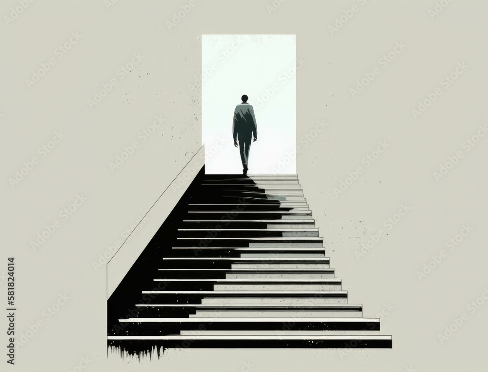A solitary figure on a journey climbing the stairs of success Business concept. AI generation.
