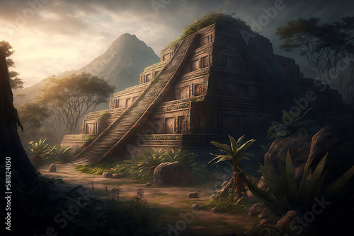 Illustration of a Mayan temple  generative ai