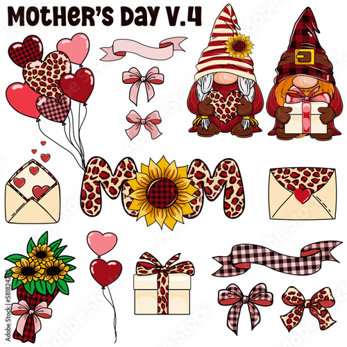 gnome mothers day Elements , Cute cartoon gnome Mom Plaid Leopard Mom V.4 design for T-Shirt. Mom Life Mothers Day T-Shirt. 