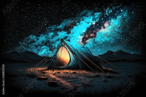 Tourist tent at night. Night sky with many stars. Generative AI