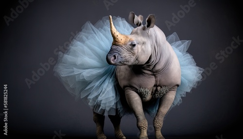 Adorable Rhino Dressed Up in a Funny Ballet Tutu Costume for a Celebration: Generative AI photo