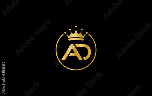 Golden crown logo art and crown symbol design by letter AD