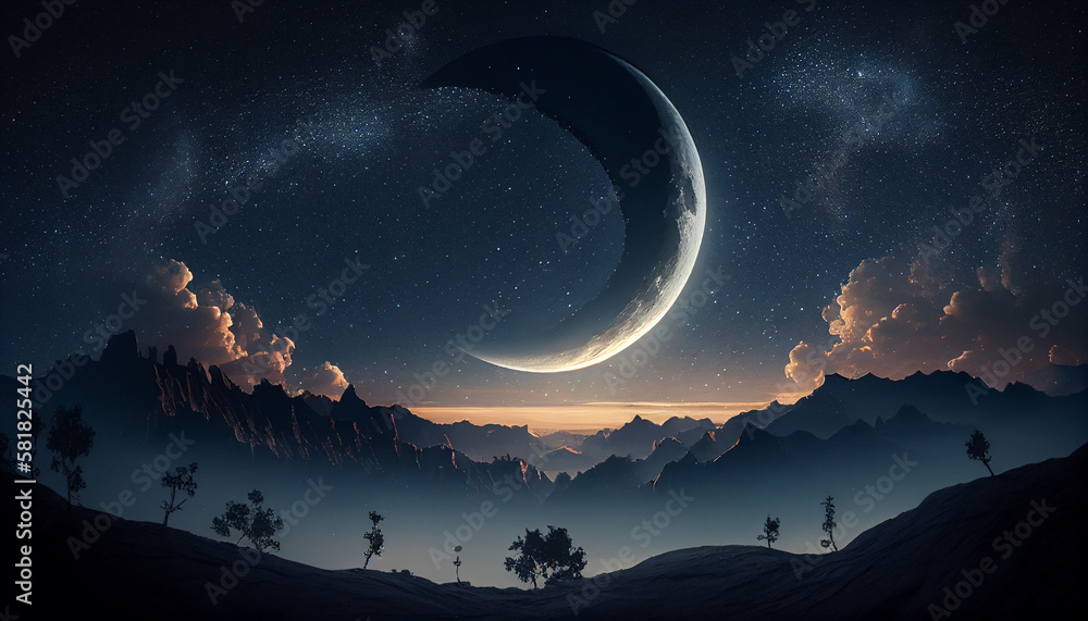 Fototapeta premium Night sky with moon and stars, the moon in the sky with stars and clouds, Generative AI