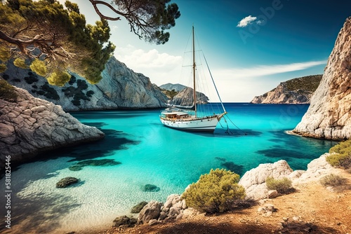 Discover Majorca s Mediterranean Sea in Luxury  Yacht Sailing Along a Summer Beach in Greece or Spain  Generative AI