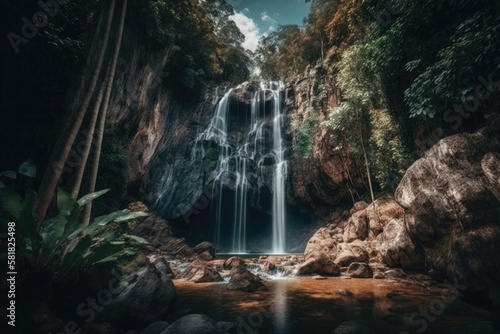 Ton Nga Chang Waterfall in Songkhla, Thailand, features a forest and a waterfall. Famous tourist destinations, a natural outdoor jungle landscape, and tourist attractions. Generative AI photo