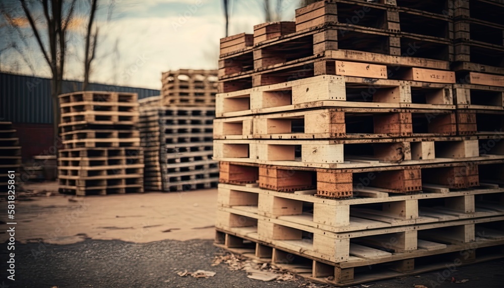 Wooden Pallets Piled High in an Industrial Building Yard - The Perfect Storage Solution. Generative AI Wooden Pallets Piled High in an Industrial Building Yard - The Perfect Storage Solution. Generative AI