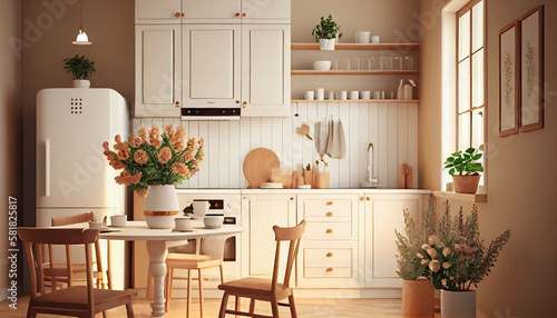 kitchen interior design. creamy color. by generative ai © Graphicnoell