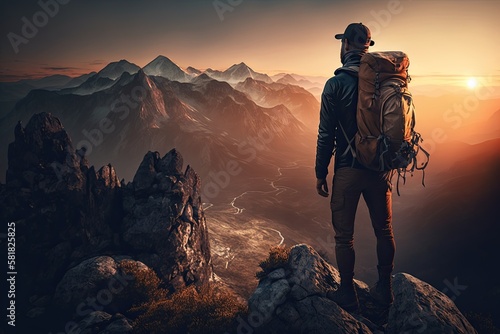 White Adult Man Embarking on Adventure to Summit Mountain Peak & Watch Spectacular Sunset. Generative AI