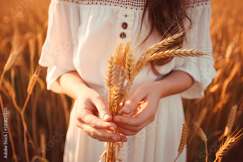 Celiac disease and gluten intolerance, woman holding spikelet of wheat photo