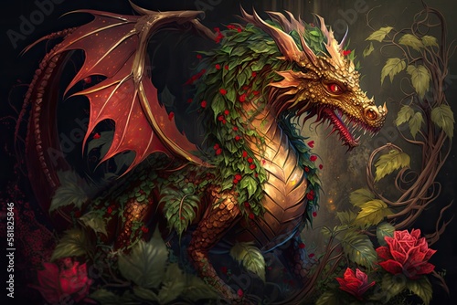 Wyvern's Secretive Mythology: Plant-Grown Fire Dragon From Ancient Fairy Tales: Generative AI