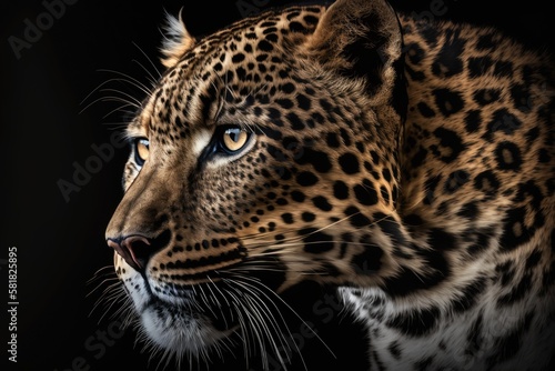 Wild leopard in close up on a dark background. Generative AI