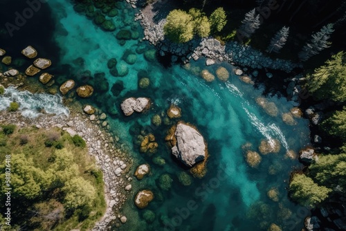 Strong stream with twists in the crystal clear mountain river  with stone coast and forest. Top down aerial drone shot of a sunny summer day. Generative AI
