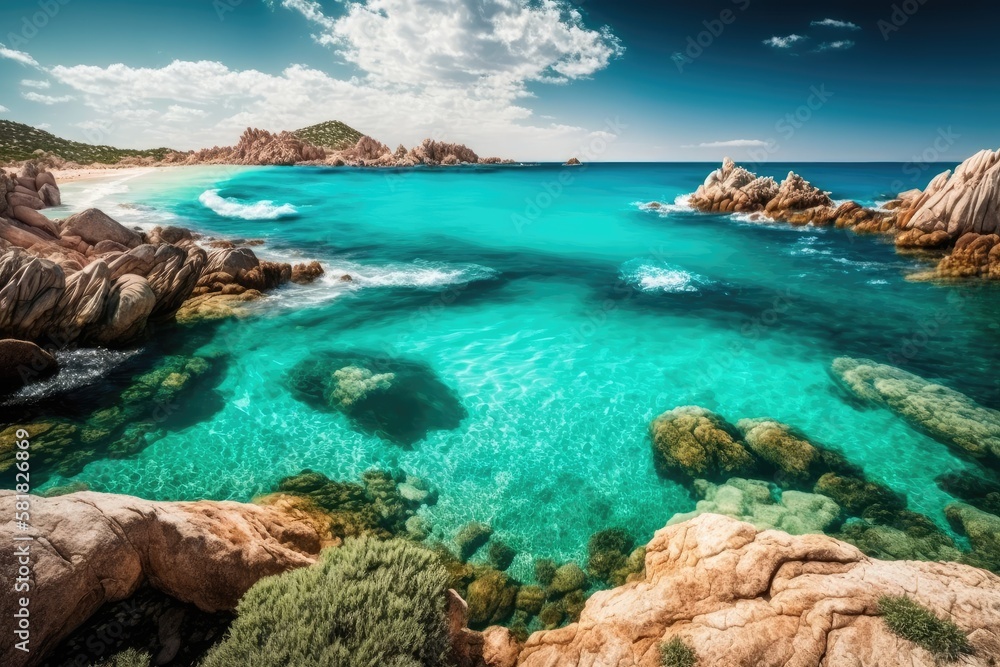 Natural backdrop with transparent turquoise seawater. Sardinia, the Emerald Coast, and Italt. Generative AI Natural backdrop with transparent turquoise seawater. Sardinia, the Emerald Coast, and Italt. Generative AI