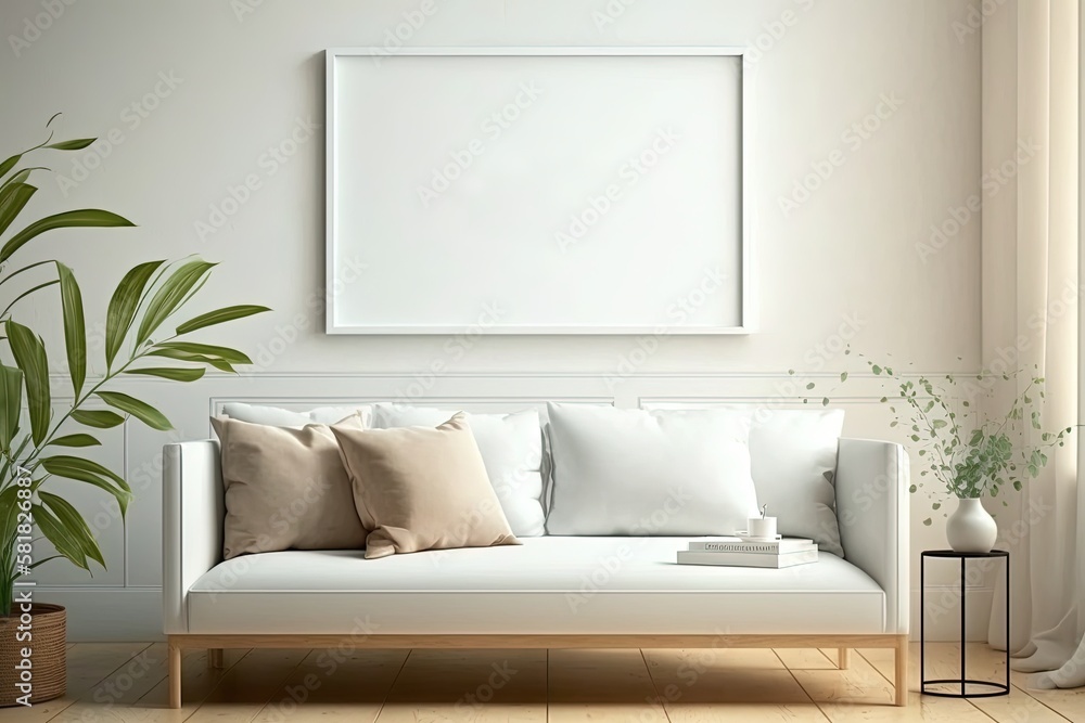 Blank horizontal poster frame mock up in minimal white style living room interior, modern living room interior background, Ai generative.	 - obrazy, fototapety, plakaty 