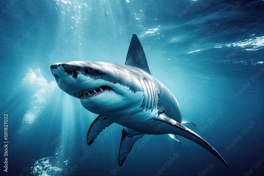 Fototapeta premium Great white shark swimming under the sea
