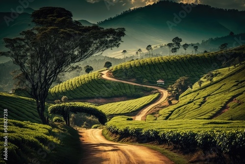 As a background or wallpaper, use this expansive view of the road through the luxuriantly green tea fields on the hills of Munnar, Kerala, India. Generative AI