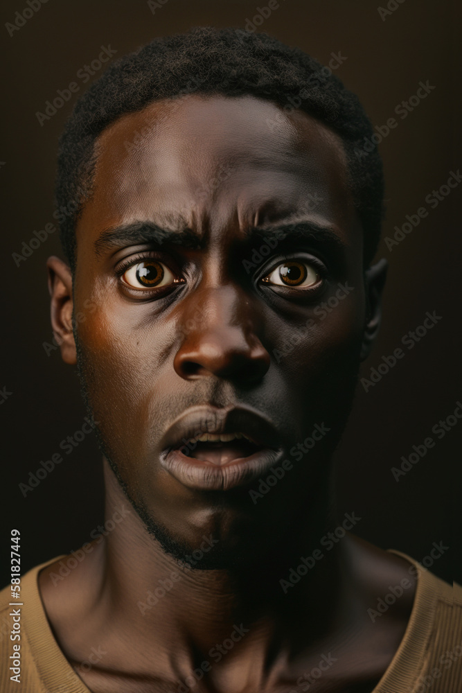 Generative AI image of amazed African American male with Afro hairstyle and opened mouth looking at camera against brown background Generative AI image of amazed African American male with Afro hairstyle and opened mouth looking at camera against brown background