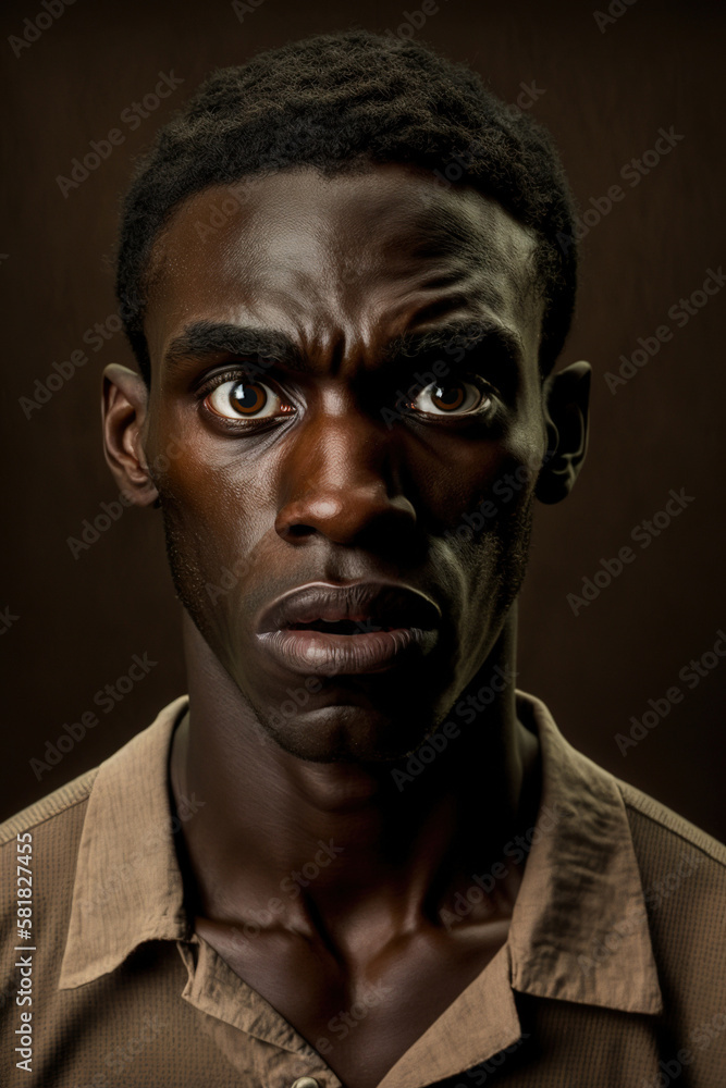 Generative AI image of amazed African American male with Afro hairstyle and opened mouth looking at camera against brown background Generative AI image of amazed African American male with Afro hairstyle and opened mouth looking at camera against brown background