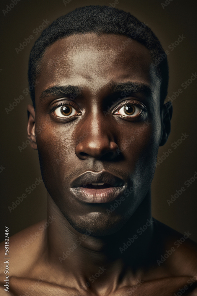 Generative AI image of amazed African American male with Afro hairstyle and opened mouth looking at camera against brown background Generative AI image of amazed African American male with Afro hairstyle and opened mouth looking at camera against brown background