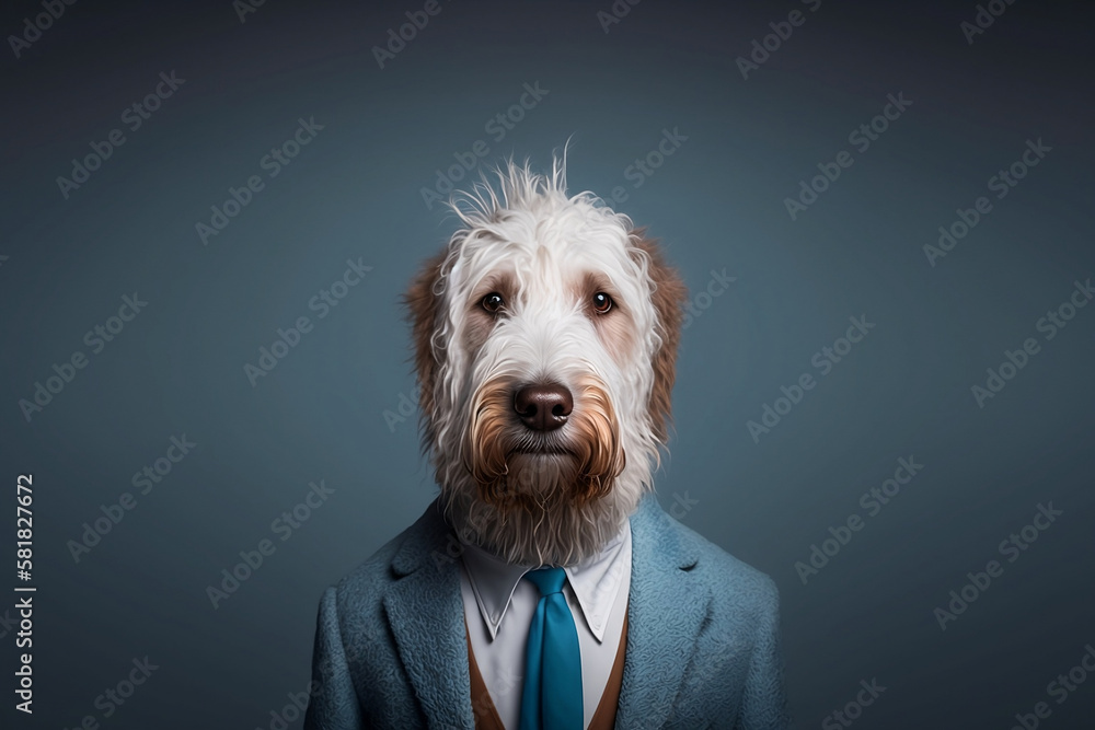 Cute white dog in a business suit: loyal and hardworking. Generative AI
