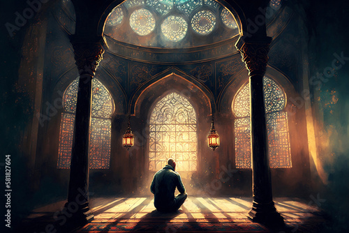 Religious Muslim men are praying in the mosque, generative ai