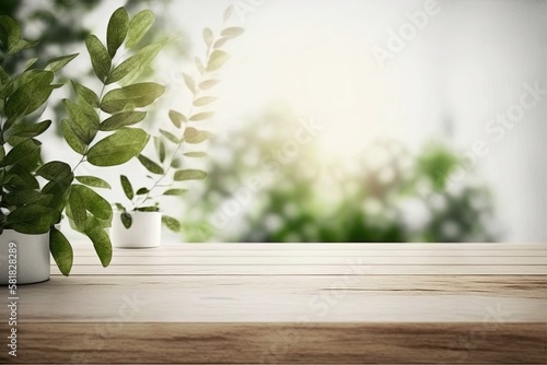 Wood Table and small plant in the foreground in the minimal interior room  AI Generative