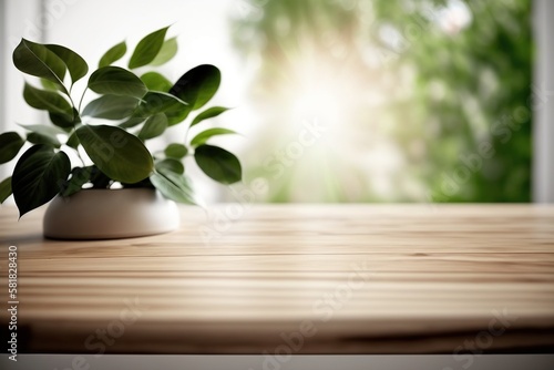 Wood Table and small plant in the foreground in the minimal interior room, AI Generative