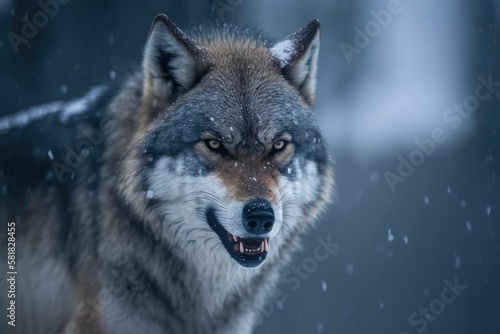 Snow mountain wolf growling face view. Generative AI.